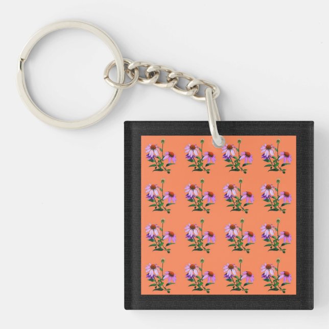 Purple Coneflower On Orange Keychain (Front)