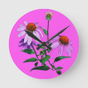Purple Coneflower On Pink Round Clock