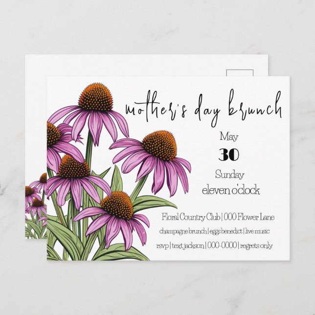Purple Coneflower | Wildflowers Mom's Day Brunch Invitation Postcard (Front/Back)