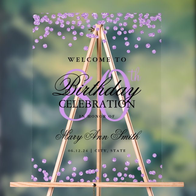 Purple Confetti Glitter 80th Birthday Welcome  Acrylic Sign (Neutral)