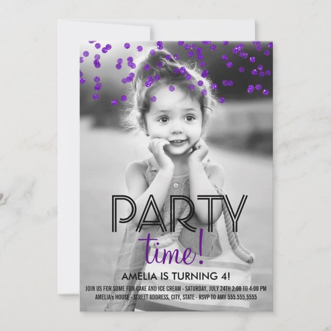 Purple Confetti Photo Invitation de fête d'anniver (Devant)