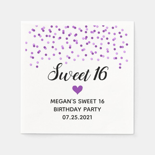 Purple Confetti Sweet 16 Birthday Napkin (Front)