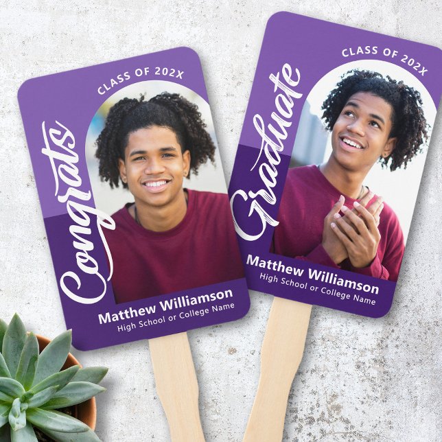 Purple Congrats Grad 2 Photos Arch Bold Script Hand Fan (Creator Uploaded)