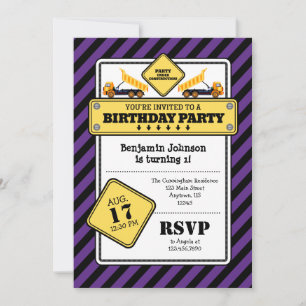 Purple Construction Anniversaire Invitation