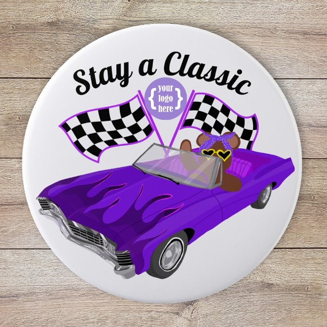 Purple Convertible Classic Car, Chequered Flags 4 Inch Round Button (logo promotional purple car show car club girl's youth organization fund raiser, bear in a race car)