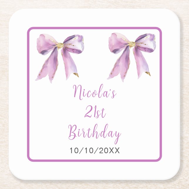 Purple Coquette Bow Birthday Party Square Paper Coaster (Front)