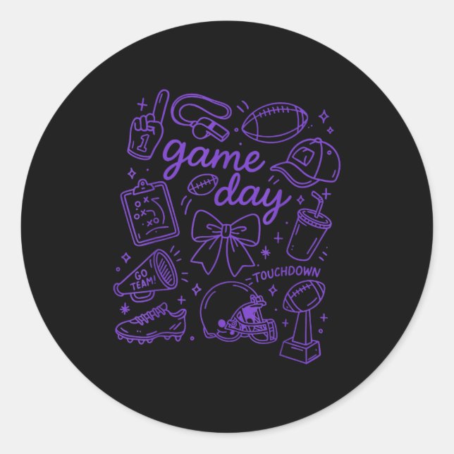 Purple Coquette Bow Cheer Game Day Doodle Touchdow Classic Round Sticker (Front)