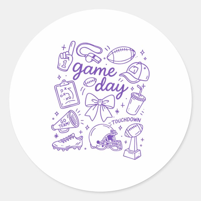 Purple Coquette Bow Cheer Game Day Doodle Touchdow Classic Round Sticker (Front)