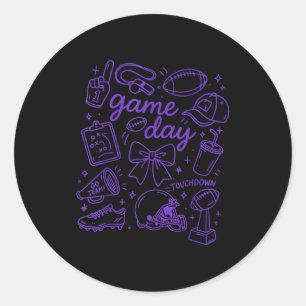 Purple Coquette Bow Cheer Game Day Doodle Touchdow Classic Round Sticker