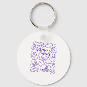 Purple Coquette Bow Cheer Game Day Doodle Touchdow Keychain