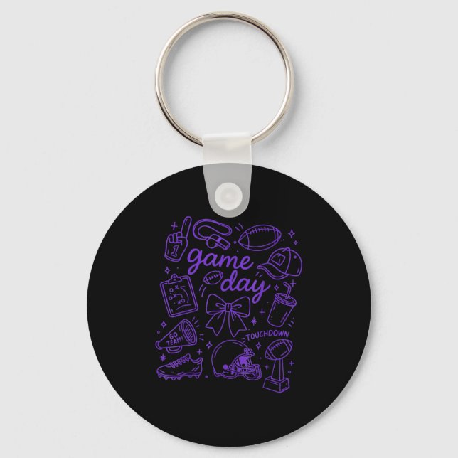 Purple Coquette Bow Cheer Game Day Doodle Touchdow Keychain (Front)