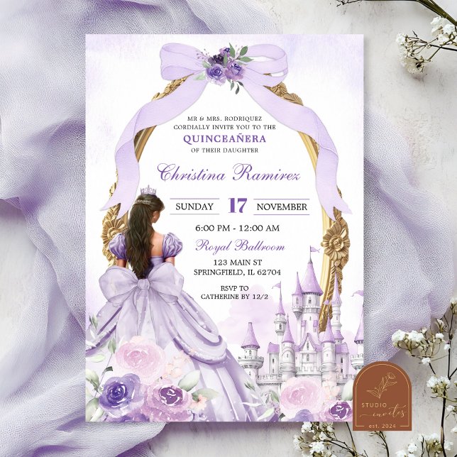 Purple Coquette Bow Fairytale Castle Quinceanera Invitation (Creator Uploaded)
