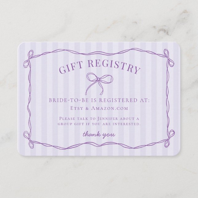 Purple Coquette Bow Pastel Bridal Shower Registry Enclosure Card (Front)
