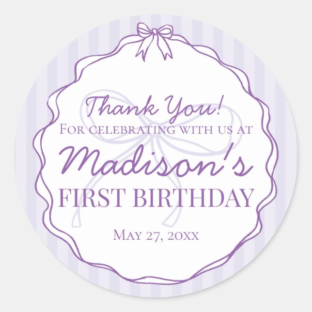 Purple Coquette Bow Pastel Lavender Birthday Favou Classic Round Sticker (Front)