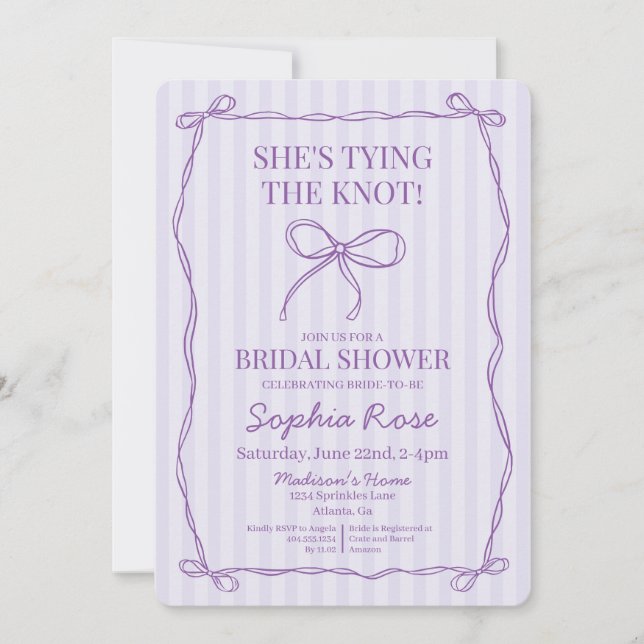 Purple Coquette Bow Tying the Knot Bridal Shower Invitation (Front)