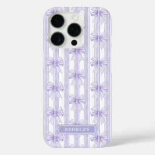 Purple Coquette Bows on Stripes Monogrammed iPhone 16 Pro Case