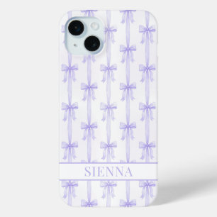 Purple Coquette Bows Striped Monogrammed iPhone 15 Mini Case