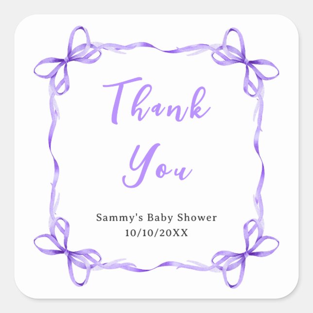 Purple Coquette Ribbon Baby Shower Thank You Square Sticker (Front)