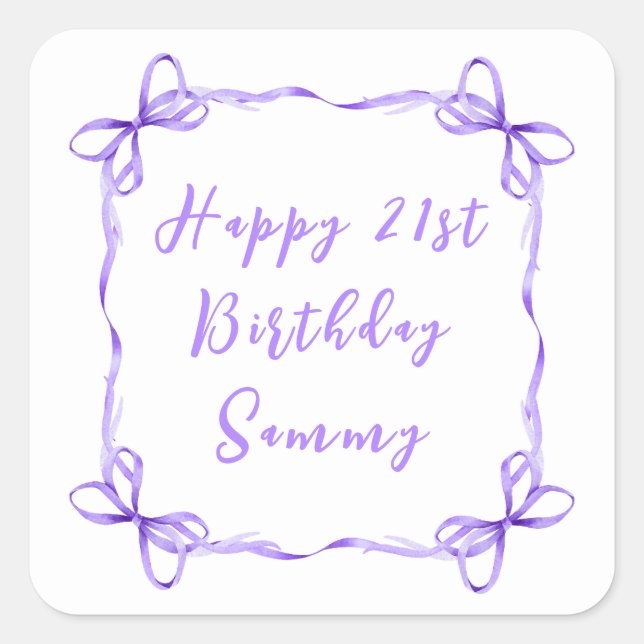 Purple Coquette Ribbon Happy Birthday Square Sticker (Front)