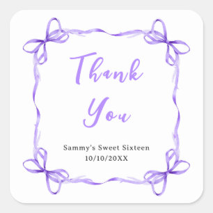 Purple Coquette Ribbon Sweet Sixteen Thank You Square Sticker