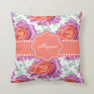 Purple Coral Roses Personalized Throw Pillow