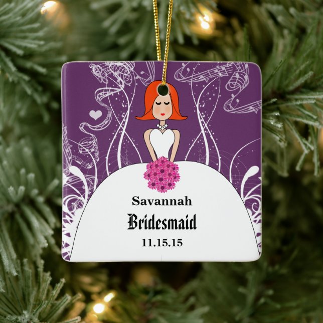 Purple & Coral Wedding Red Hair  Bridesmaid Ceramic Ornament (Tree)