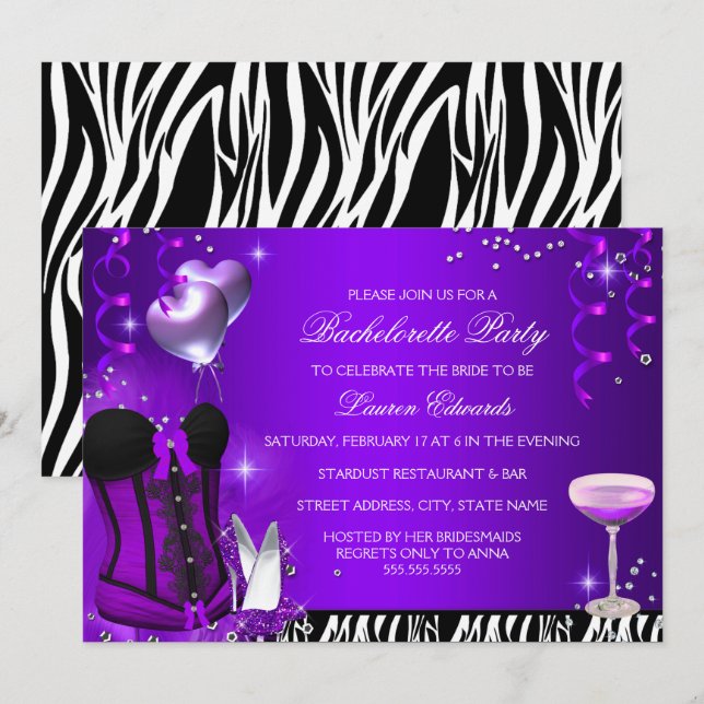 Purple Corset Zebra Bachelorette Party Invite (Front/Back)