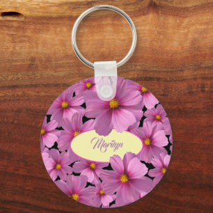 Purple Cosmos Flower Design on a Black Background Keychain
