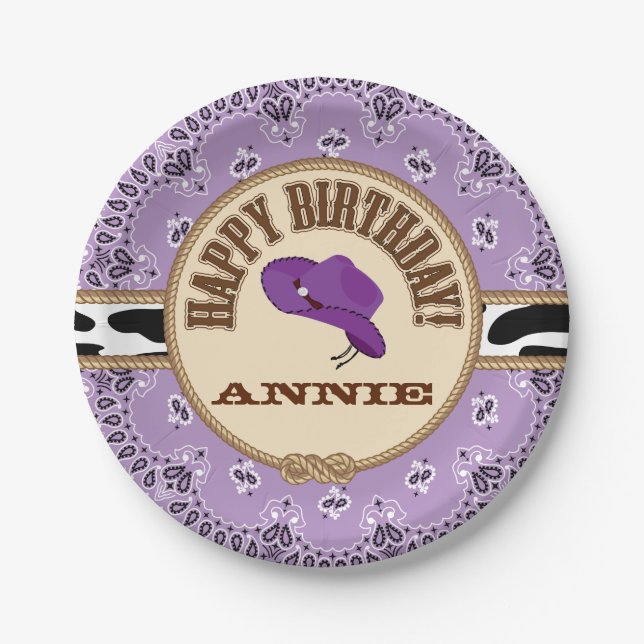Purple Cowgirl Birthday, Customizable Plates (Front)