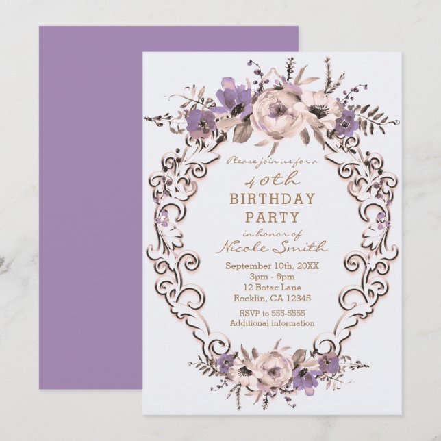 Purple Cream Botanical Floral Birthday Party Invitation (Front/Back)