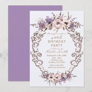 Purple Cream Botanical Floral Birthday Party Invitation