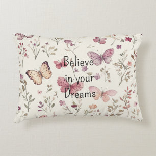 Purple Cream Butterflies Floral Believe Dreams Accent Pillow