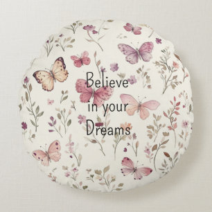Purple Cream Butterflies Floral Believe Dreams Round Pillow