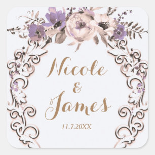 Purple Cream Elegant Botanical Floral Wedding Square Sticker