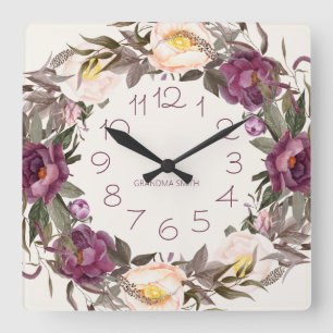 Purple Cream Floral Wreath Name Numbers Square Wall Clock