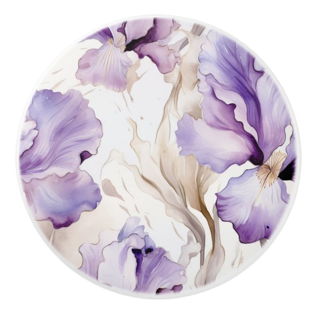 Purple Cream Iris Flowers Ceramic Knob (Front)