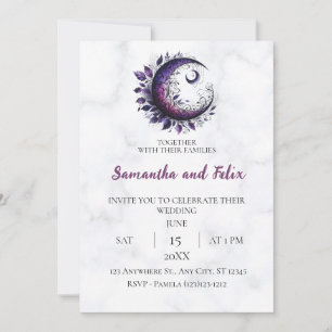 Purple Crescent Moon Botanical Witchcraft Marble Invitation