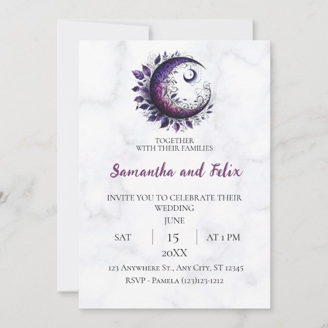 Purple Crescent Moon Botanical Witchcraft Marble Invitation (Front)