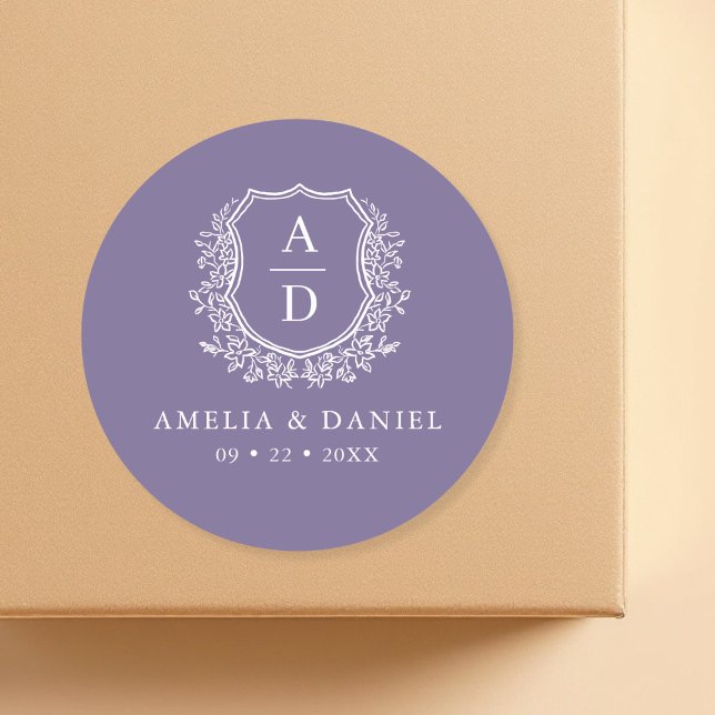 Purple Crest Floral Modern Monogram Wedding  Classic Round Sticker (Creator Uploaded)