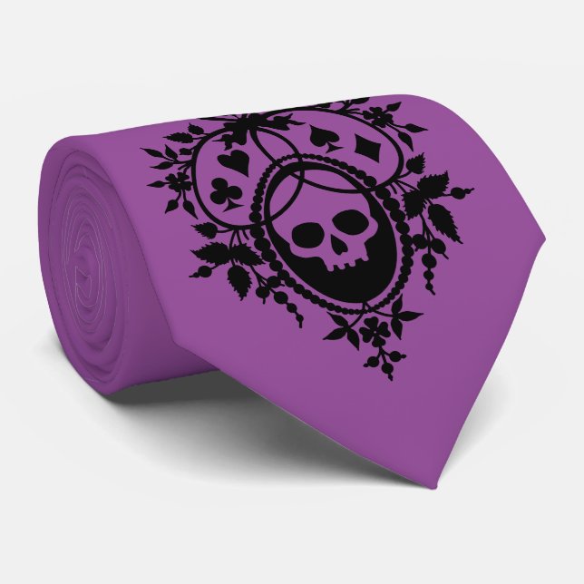 Purple Crest with Skull and Cardsuits Neck Tie (Rolled)