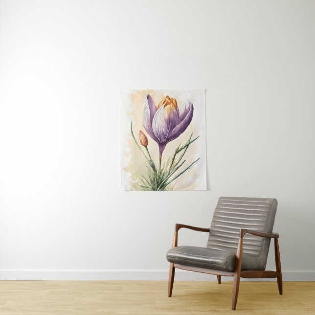Purple Crocus Flower Floral Watercolor Wall Art  Tapestry (In Situ)