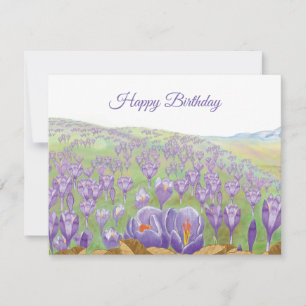 Purple Crocus Flowers on Spring Hill Illustration Card