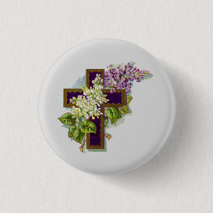 Purple Cross And Flowers 1 Inch Round Button