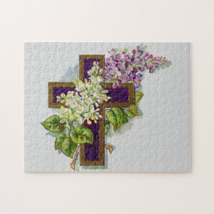 Purple Cross And Flowers Jigsaw Puzzle