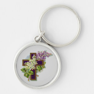 Purple Cross And Flowers Keychain