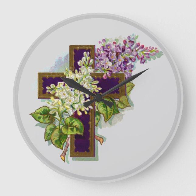 Purple Cross And Flowers Large Clock (Front)