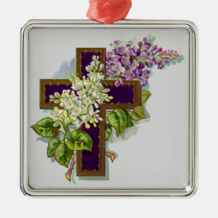 Purple Cross And Flowers Metal Ornament