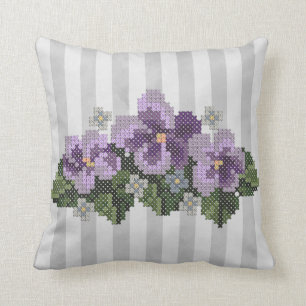Purple Cross Stitch Violets on Grey Throw Pillow