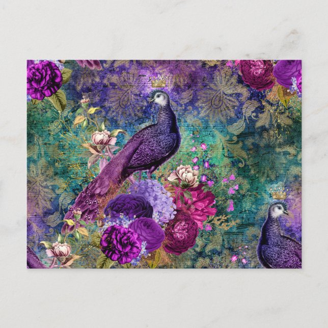 Purple Crowned Peacock with Flowers Postcard (Front)