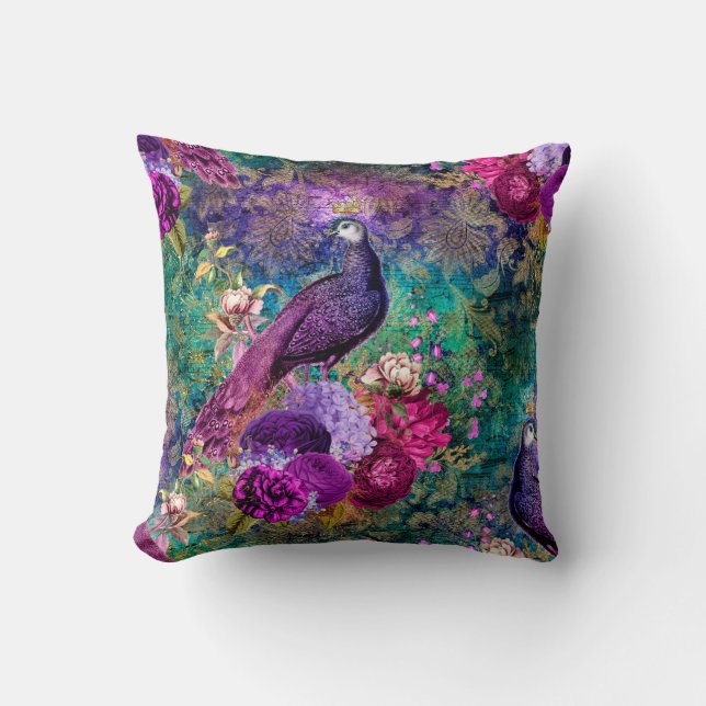Purple Crowned Peacock with Flowers Throw Pillow (Front)